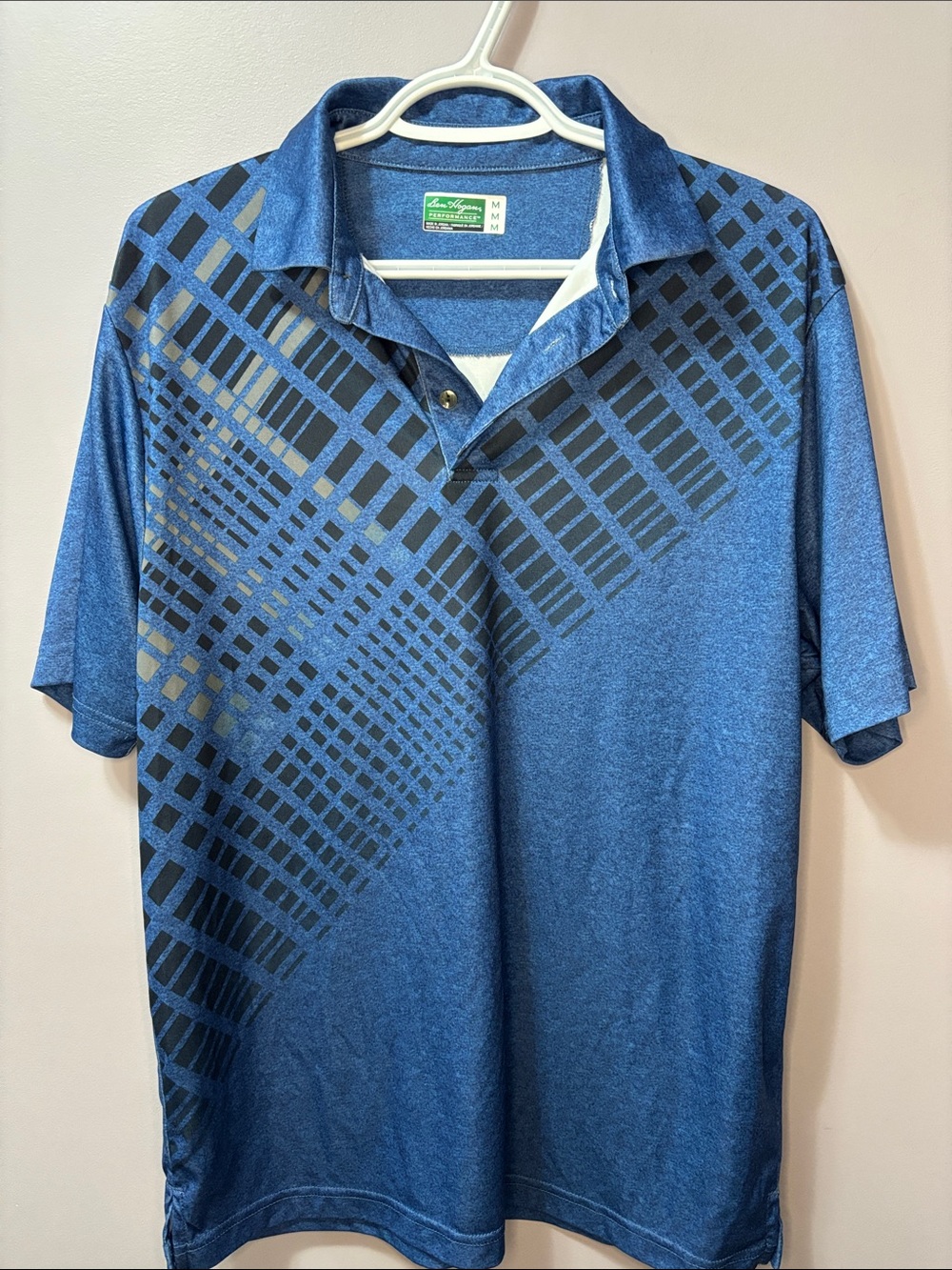 Ben Hogan Performance Men's Medium Blue Geometric Graphic Golf Polo Shirt M